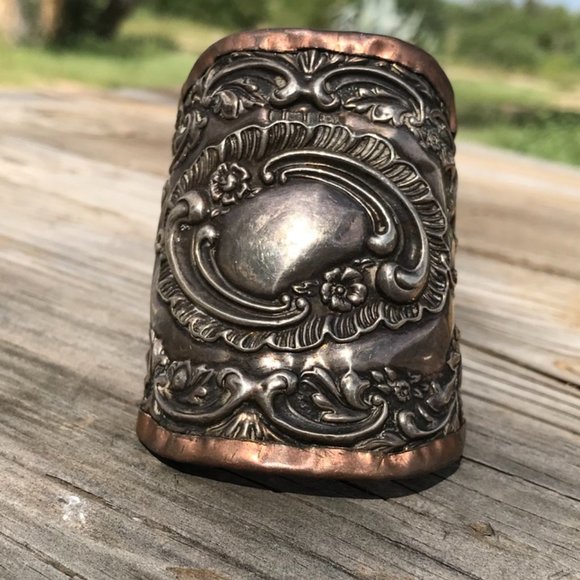 Antique Sterling Silver Cuff Bracelet Repoussé Scroll Size Small Copper 925 - Picture 6 of 9